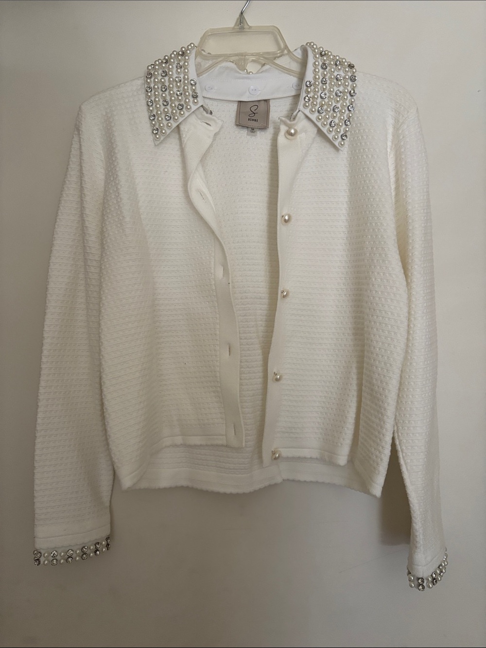 Sioni White Pearl-Embellished Collar Cardigan